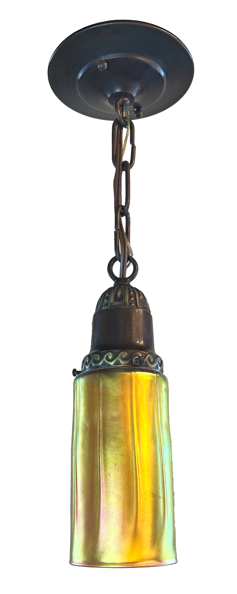 Antique Circa 1920 Chain Pendant with Embossed Holder and Hand Blown Lundberg Art Glass Gold Aurene Shade