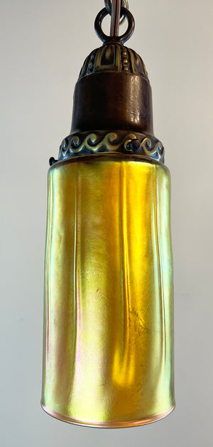 Antique Circa 1920 Chain Pendant with Embossed Holder and Hand Blown Lundberg Art Glass Gold Aurene Shade