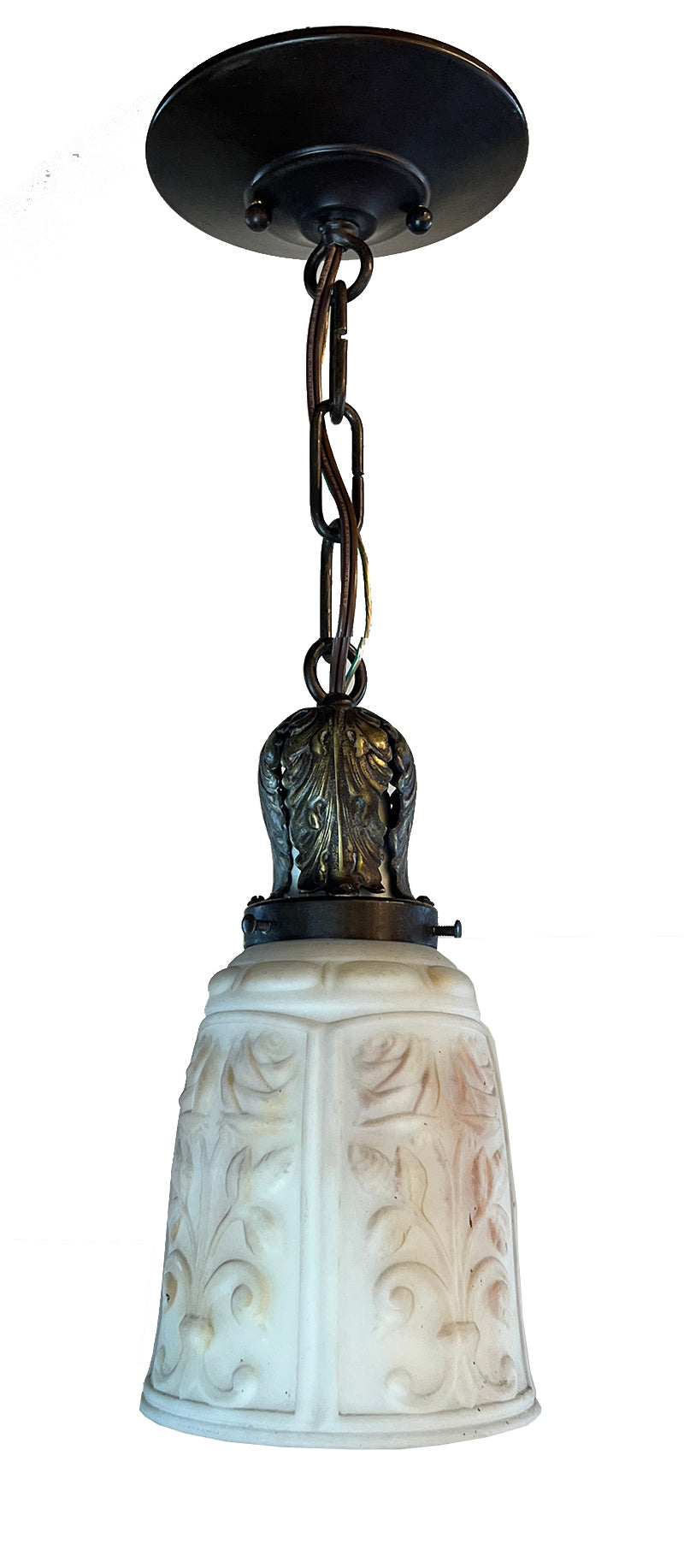 Antique Circa 1920 Chain Pendant with Cast Acanthus Holder and Antique Acanthus Opal and Painted Shade