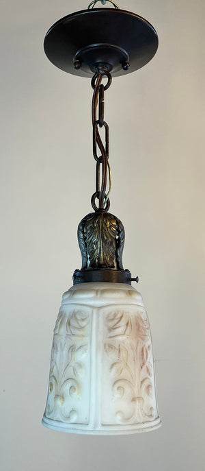 Antique Circa 1920 Chain Pendant with Cast Acanthus Holder and Antique Acanthus Opal and Painted Shade