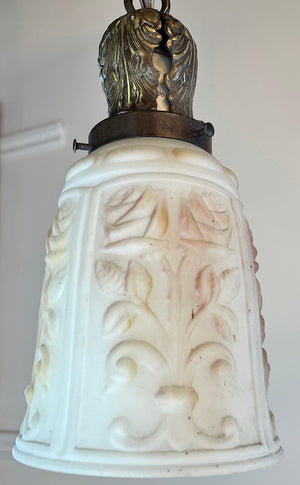 Antique Circa 1920 Chain Pendant with Cast Acanthus Holder and Antique Acanthus Opal and Painted Shade