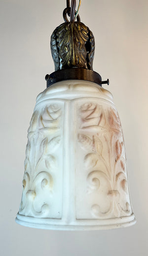 Antique Circa 1920 Chain Pendant with Cast Acanthus Holder and Antique Acanthus Opal and Painted Shade