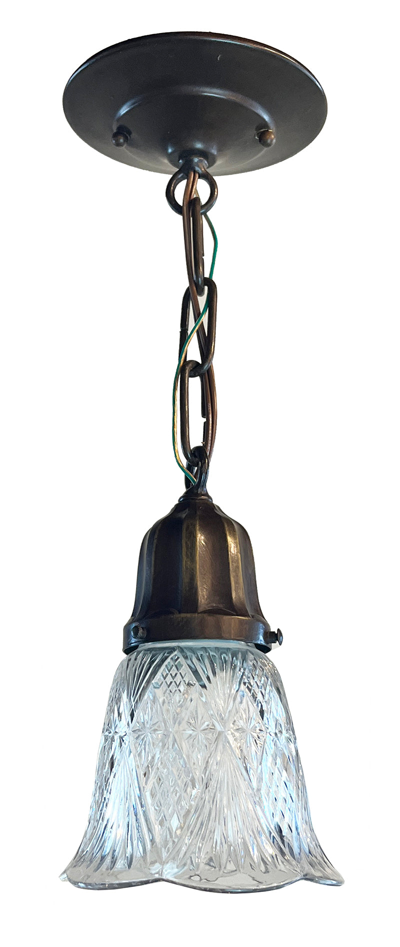Antique Circa 1920 Chain Pendant with Embossed Holder and Antique Cut Glass Prismatic shade