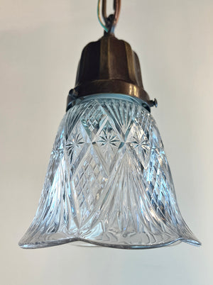 Antique Circa 1920 Chain Pendant with Embossed Holder and Antique Cut Glass Prismatic shade
