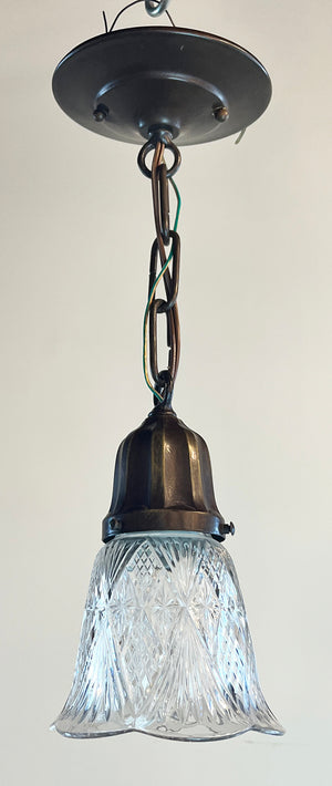 Antique Circa 1920 Chain Pendant with Embossed Holder and Antique Cut Glass Prismatic shade