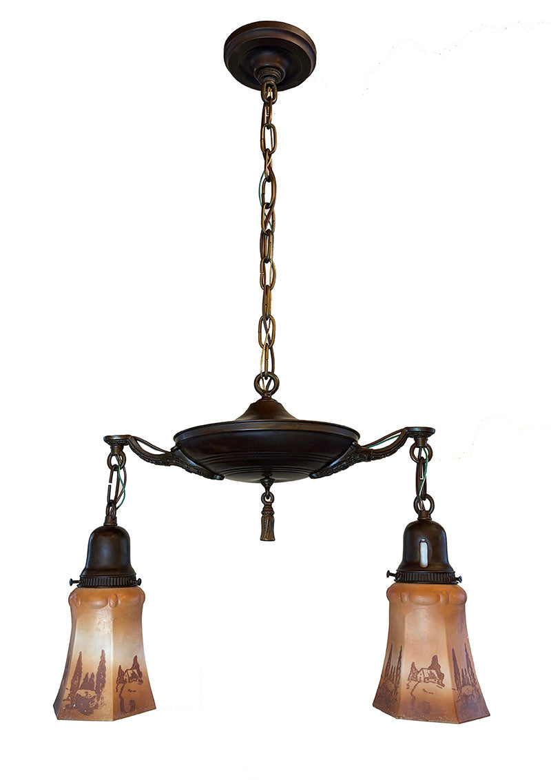 Antique Circa 1920 Two Light Edwardian Pan with Ringed Center Body Hand Painted Antque Scenic Shades