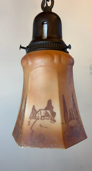 Antique Circa 1920 Two Light Edwardian Pan with Ringed Center Body Hand Painted Antque Scenic Shades