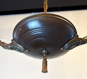 Antique Circa 1920 Two Light Edwardian Pan with Ringed Center Body Hand Painted Antque Scenic Shades