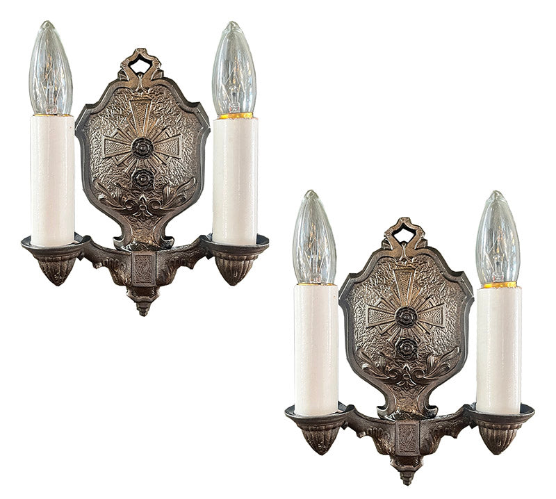 $600 PAIR - Antique Circa 1920 Cast Tudor Revival Double Light Wall Sconces