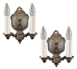 $600 PAIR - Antique Circa 1920 Cast Tudor Revival Double Light Wall Sconces
