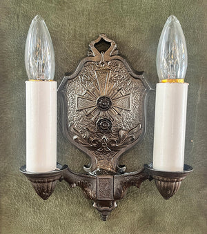 $600 PAIR - Antique Circa 1920 Cast Tudor Revival Double Light Wall Sconces