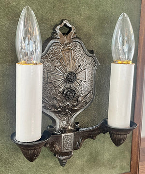 $600 PAIR - Antique Circa 1920 Cast Tudor Revival Double Light Wall Sconces