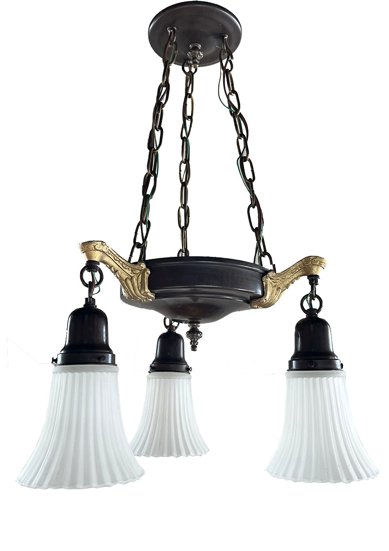 Antique Circa 1920 Three Light Empire Style Chain Suspended Pan Light