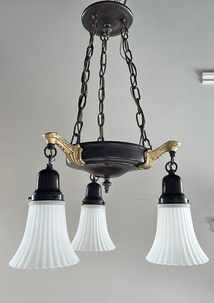Antique Circa 1920 Three Light Empire Style Chain Suspended Pan Light
