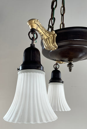 Antique Circa 1920 Three Light Empire Style Chain Suspended Pan Light