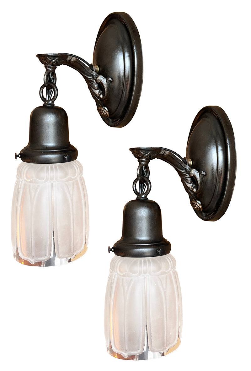 $600 PAIR - Circa 1920 Cast Arm Oval Back Wall Sconces with Clear Frost Nouveau Pattern Shades