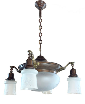 Antique Circa 1910 Four Light Edwardian Pan With Star Cut Center Dome and Original Antique Star Cut Shades