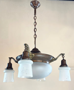 Antique Circa 1910 Four Light Edwardian Pan With Star Cut Center Dome and Original Antique Star Cut Shades