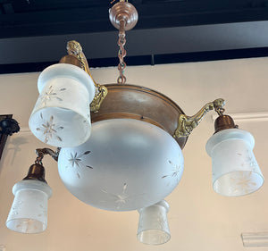 Antique Circa 1910 Four Light Edwardian Pan With Star Cut Center Dome and Original Antique Star Cut Shades