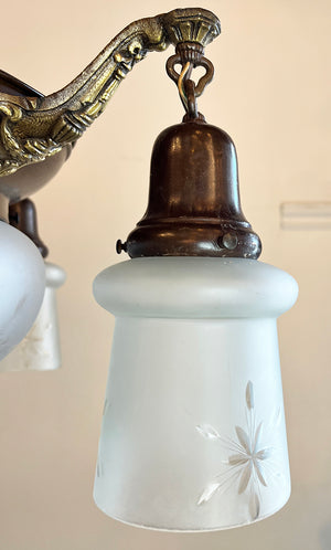Antique Circa 1910 Four Light Edwardian Pan With Star Cut Center Dome and Original Antique Star Cut Shades