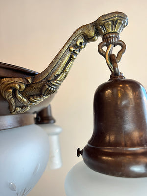 Antique Circa 1910 Four Light Edwardian Pan With Star Cut Center Dome and Original Antique Star Cut Shades
