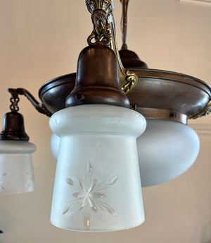 Antique Circa 1910 Four Light Edwardian Pan With Star Cut Center Dome and Original Antique Star Cut Shades