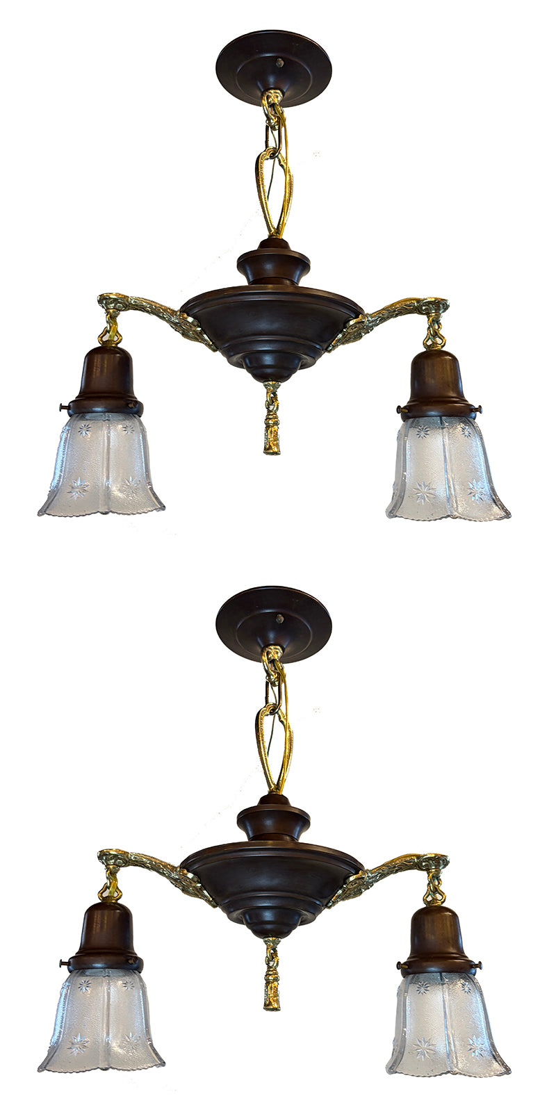 $1250 PAIR - Circa 1920 Two Light Neo Classical Pan with Bronze and Brass Finisih and Antique Star Patterned Shades