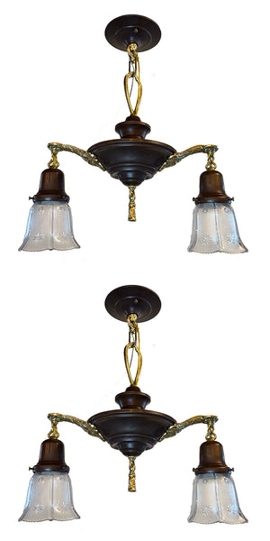 $1250 PAIR - Circa 1920 Two Light Neo Classical Pan with Bronze and Brass Finisih and Antique Star Patterned Shades