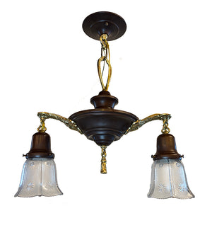$1250 PAIR - Circa 1920 Two Light Neo Classical Pan with Bronze and Brass Finisih and Antique Star Patterned Shades