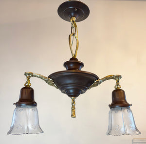 $1250 PAIR - Circa 1920 Two Light Neo Classical Pan with Bronze and Brass Finisih and Antique Star Patterned Shades