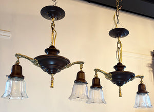 $1250 PAIR - Circa 1920 Two Light Neo Classical Pan with Bronze and Brass Finisih and Antique Star Patterned Shades