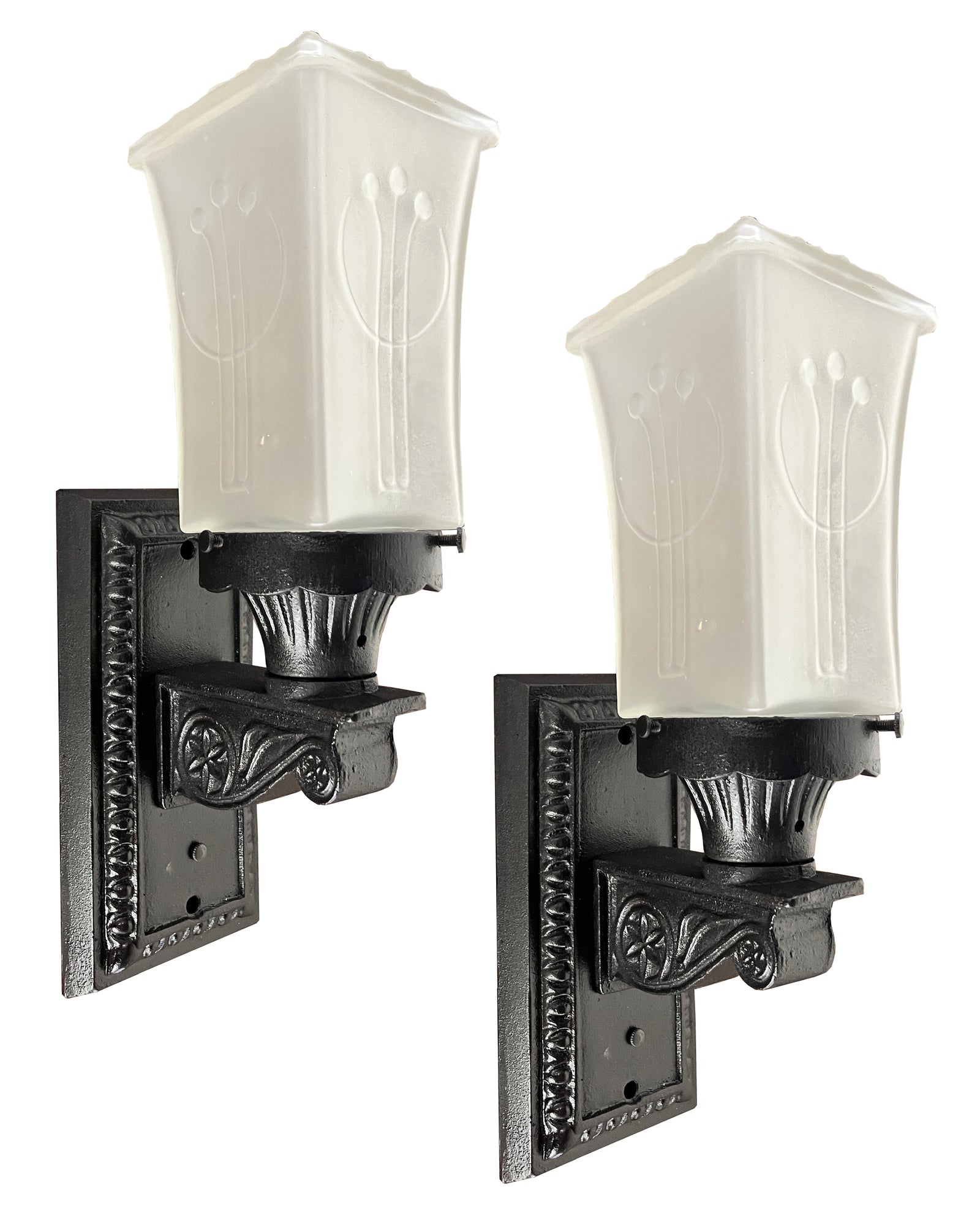 $850 PAIR - Antique Circa 1920 Cast Iron Exterior Light with CR Mackintosh Pattern Shade