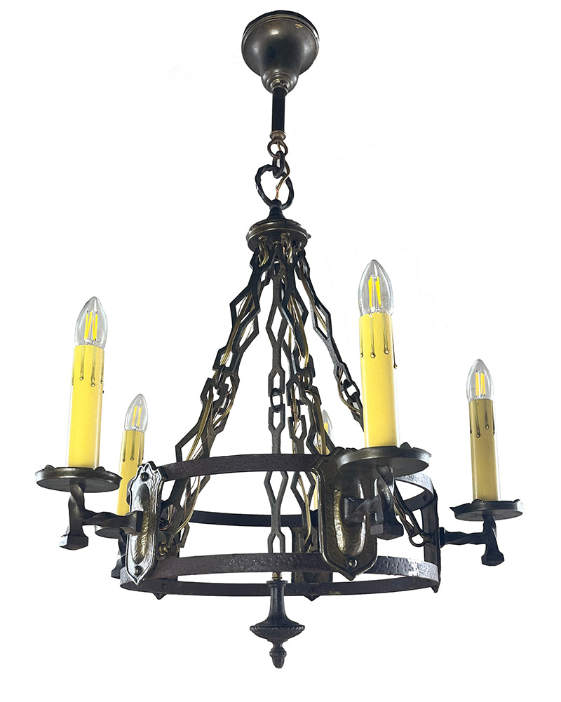 Antique 1920s Antique Cast Brass and Wrought Iron Combination Spanish and Tudor Revival Five Light Chandelier