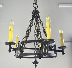 Antique 1920s Antique Cast Brass and Wrought Iron Combination Spanish and Tudor Revival Five Light Chandelier