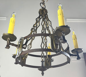 Antique 1920s Antique Cast Brass and Wrought Iron Combination Spanish and Tudor Revival Five Light Chandelier