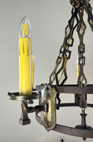 Antique 1920s Antique Cast Brass and Wrought Iron Combination Spanish and Tudor Revival Five Light Chandelier
