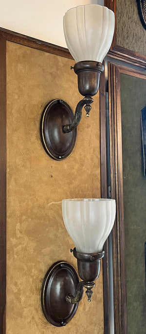 SET OF 6 AVAILABLE - $650 PAIR - Circa 1920 Cast Scroll Acanthus Arm Oval Back Wall Sconces with Original Frosted Fluted Shades