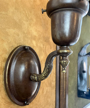 $650 PAIR - Circa 1920 Cast Scroll Acanthus Arm Oval Back Wall Sconces with Original Frosted Fluted Shades