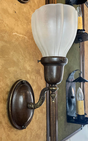 $650 PAIR - Circa 1920 Cast Scroll Acanthus Arm Oval Back Wall Sconces with Original Frosted Fluted Shades