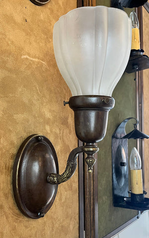 SET OF 6 AVAILABLE - $650 PAIR - Circa 1920 Cast Scroll Acanthus Arm Oval Back Wall Sconces with Original Frosted Fluted Shades