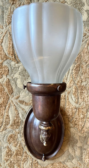 SET OF 6 AVAILABLE - $650 PAIR - Circa 1920 Cast Scroll Acanthus Arm Oval Back Wall Sconces with Original Frosted Fluted Shades