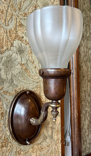 $650 PAIR - Circa 1920 Cast Scroll Acanthus Arm Oval Back Wall Sconces with Original Frosted Fluted Shades