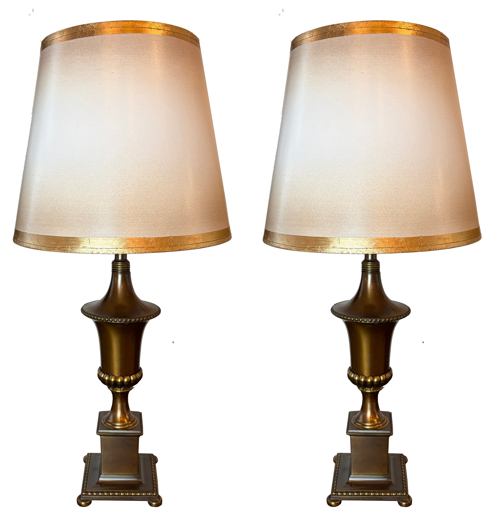 $850 PAIR- Circa 1920 Brass Georgian Revival Urn Table Lamps with Original Finish and Handmade Gold Leaf Border Shades