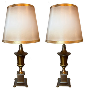 $850 PAIR- Circa 1920 Brass Georgian Revival Urn Table Lamps with Original Finish and Handmade Gold Leaf Border Shades