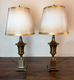 $850 PAIR- Circa 1920 Brass Georgian Revival Urn Table Lamps with Original Finish and Handmade Gold Leaf Border Shades