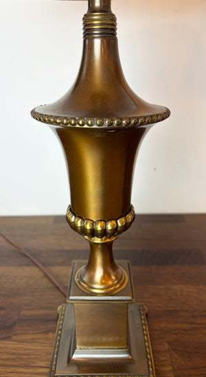 $850 PAIR- Circa 1920 Brass Georgian Revival Urn Table Lamps with Original Finish and Handmade Gold Leaf Border Shades