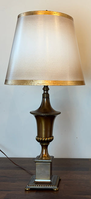 $850 PAIR- Circa 1920 Brass Georgian Revival Urn Table Lamps with Original Finish and Handmade Gold Leaf Border Shades