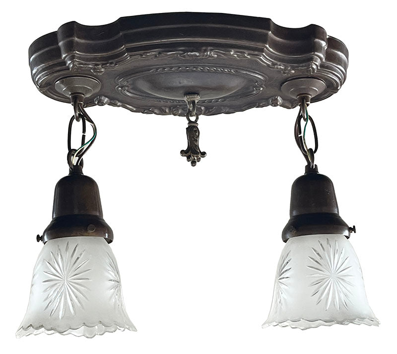 Antique Circa 1915 Two Light Embossed Flush Mount with Original Antque Star Cut Shade