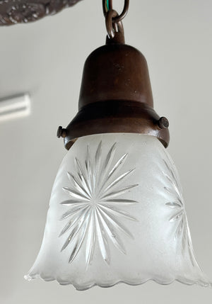 Antique Circa 1915 Two Light Embossed Flush Mount with Original Antque Star Cut Shade
