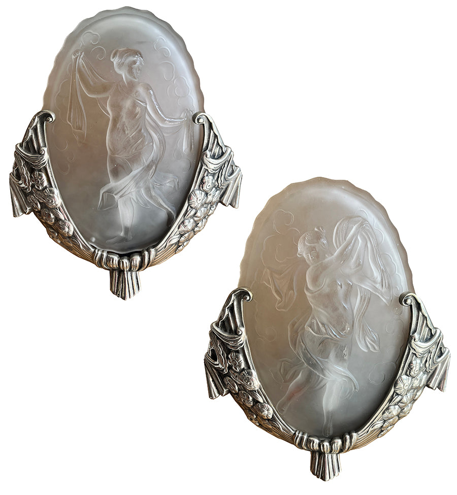 $3200 PAIR - Exquisite Pair of Antique Circa 1925-30 French Art Deco Muller Freres Slip Shade Wall Sconces